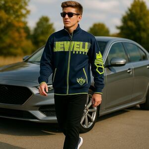 Jewel House XL Blue Neon Green Zip Track Jacket Streetwear Y2K Graphic Compass